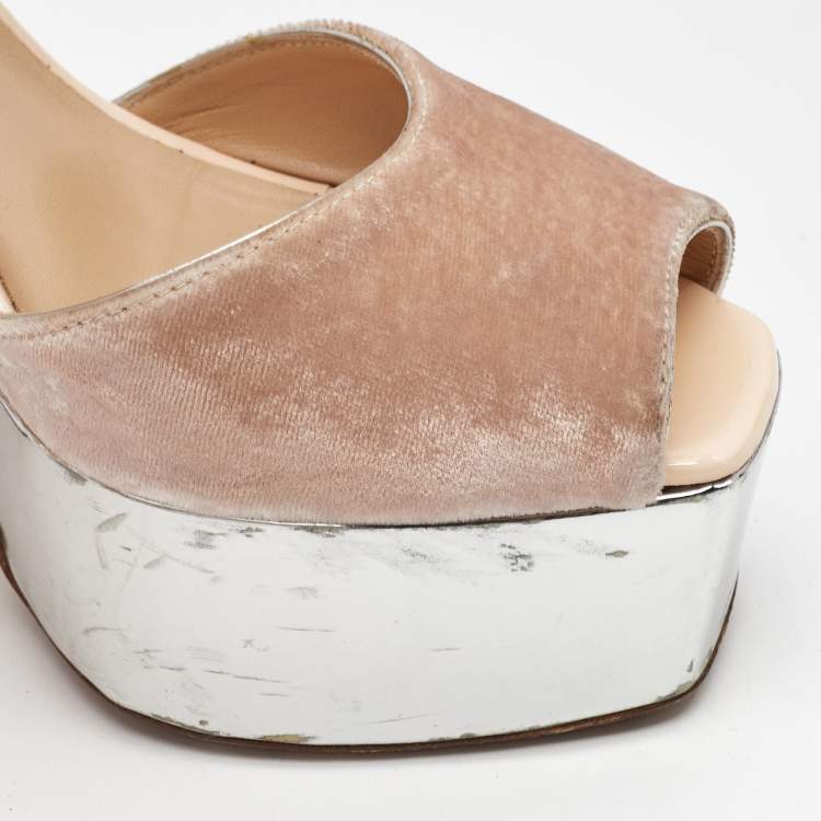 Pre Owned Giuseppe Zanotti Beige Satin and Velvet Lavinia Platform Sandals Size 41