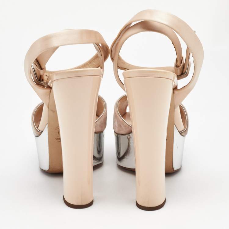 Pre Owned Giuseppe Zanotti Beige Satin and Velvet Lavinia Platform Sandals Size 41