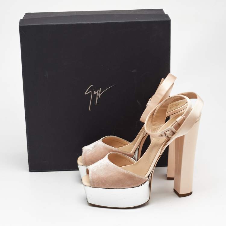 Pre Owned Giuseppe Zanotti Beige Satin and Velvet Lavinia Platform Sandals Size 41