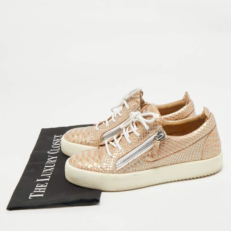 Pre Owned Giuseppe Zanotti Gold Croc Embossed Leather Frankie Low Top Sneakers Size 39