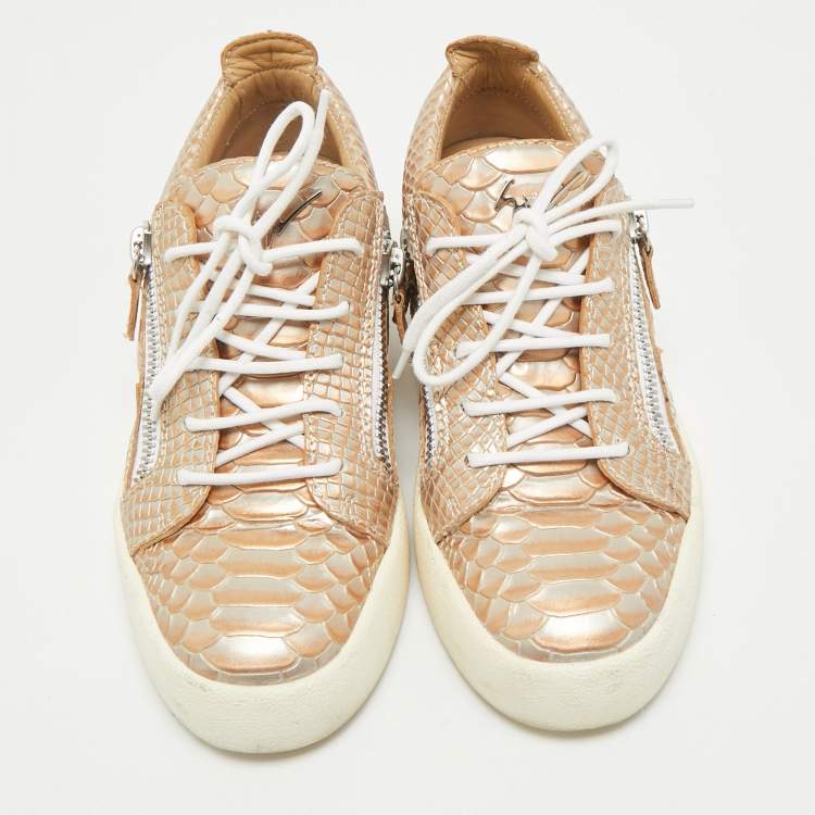 Pre Owned Giuseppe Zanotti Gold Croc Embossed Leather Frankie Low Top Sneakers Size 39