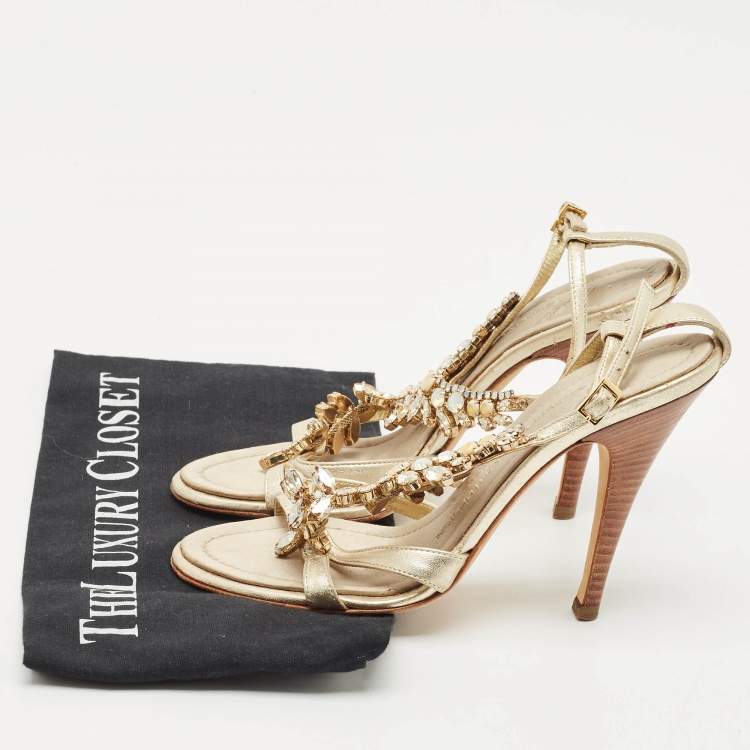 Pre Owned Giuseppe Zanotti Light Gold Leather Crystals Embellished Ankle Strap Sandals Size 36.5