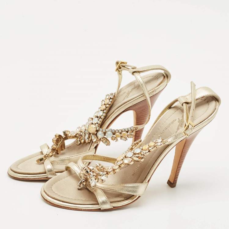 Pre Owned Giuseppe Zanotti Light Gold Leather Crystals Embellished Ankle Strap Sandals Size 36.5