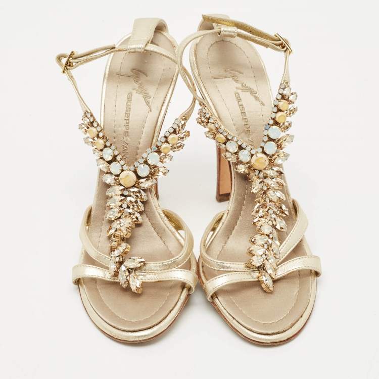 Pre Owned Giuseppe Zanotti Light Gold Leather Crystals Embellished Ankle Strap Sandals Size 36.5