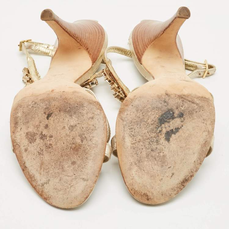 Pre Owned Giuseppe Zanotti Light Gold Leather Crystals Embellished Ankle Strap Sandals Size 36.5