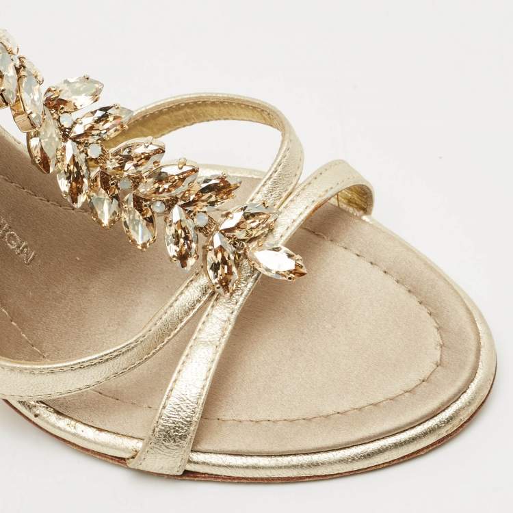 Pre Owned Giuseppe Zanotti Light Gold Leather Crystals Embellished Ankle Strap Sandals Size 36.5