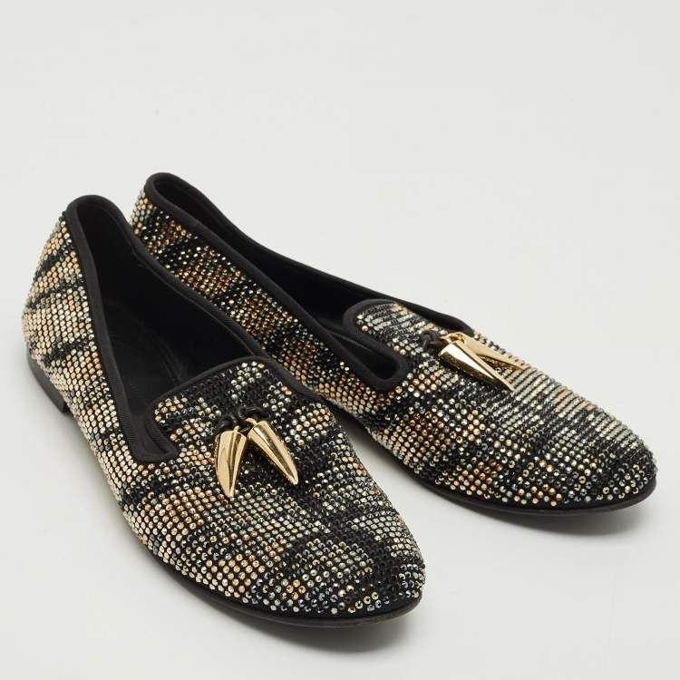 Pre Owned Giuseppe Zanotti Black Suede Crystal Embellished Shark Tooth Smoking Slippers Size 38.5