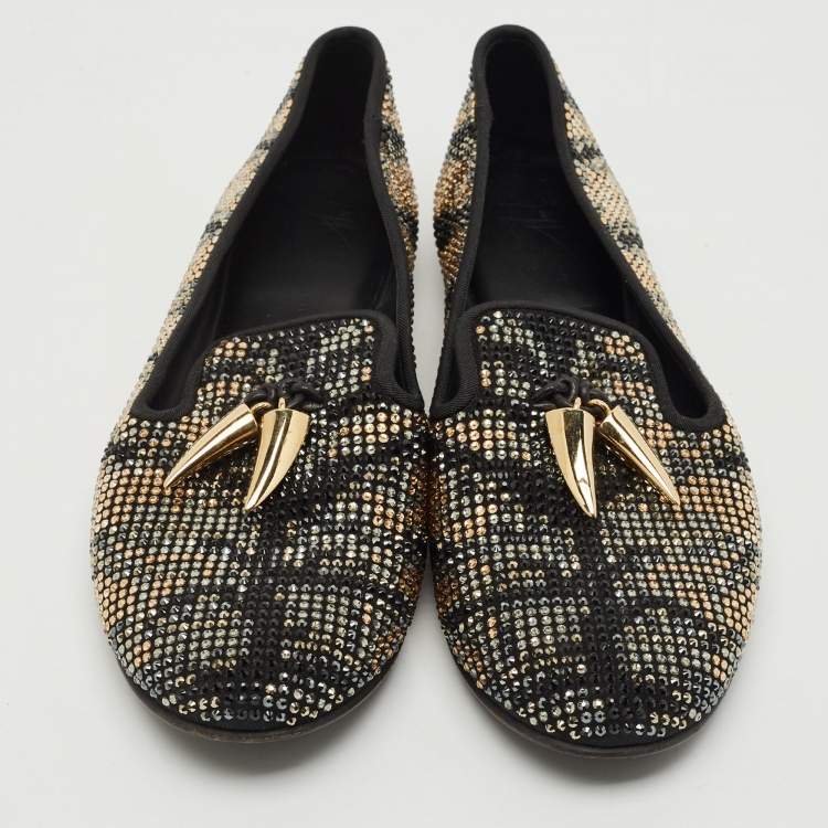 Pre Owned Giuseppe Zanotti Black Suede Crystal Embellished Shark Tooth Smoking Slippers Size 38.5