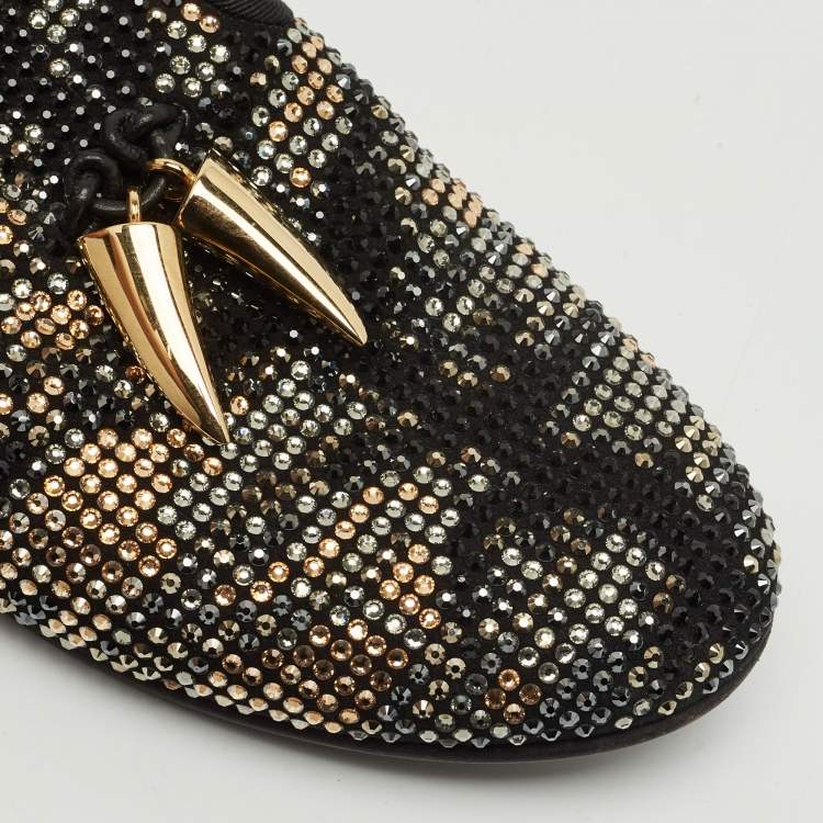 Pre Owned Giuseppe Zanotti Black Suede Crystal Embellished Shark Tooth Smoking Slippers Size 38.5