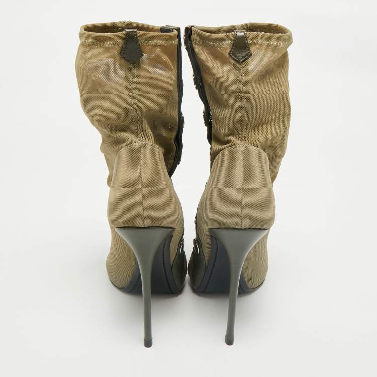 Pre Owned Giuseppe Zanotti Army Green Canvas and Mesh Peep Toe Booties Size 39