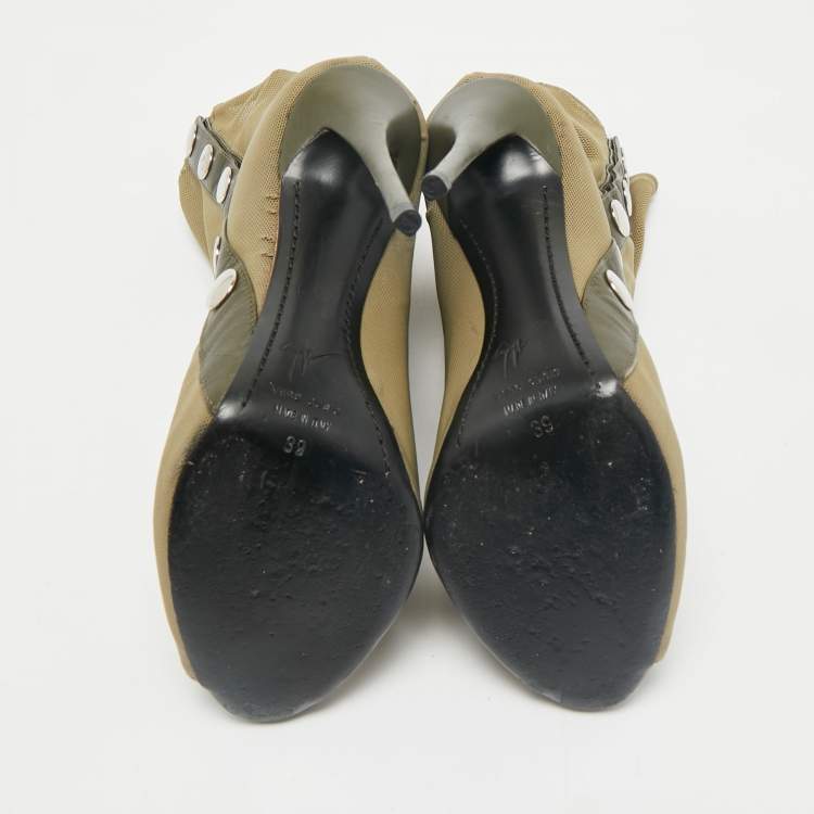 Pre Owned Giuseppe Zanotti Army Green Canvas and Mesh Peep Toe Booties Size 39