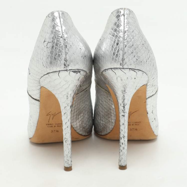 Pre Owned Giuseppe Zanotti Silver Python Embossed Leather Pointed Toe Pumps Size 37.5