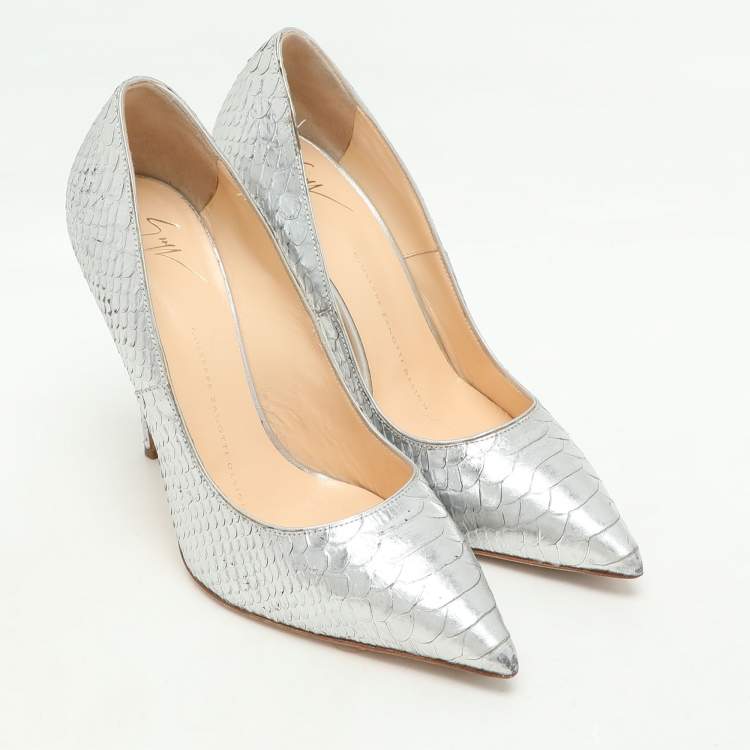 Pre Owned Giuseppe Zanotti Silver Python Embossed Leather Pointed Toe Pumps Size 37.5