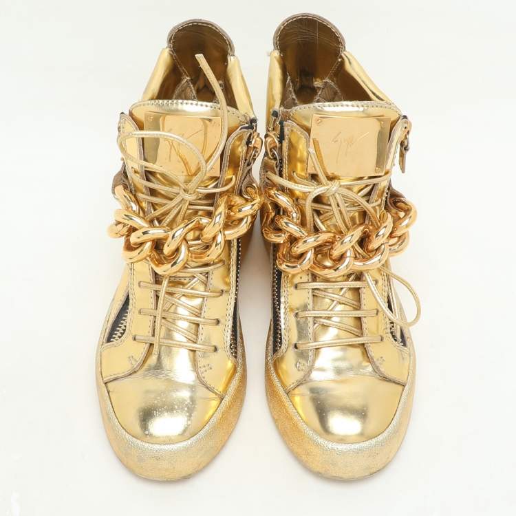 Pre Owned Giuseppe Zanotti Gold Leather Chain High Top Sneakers Size 37.5