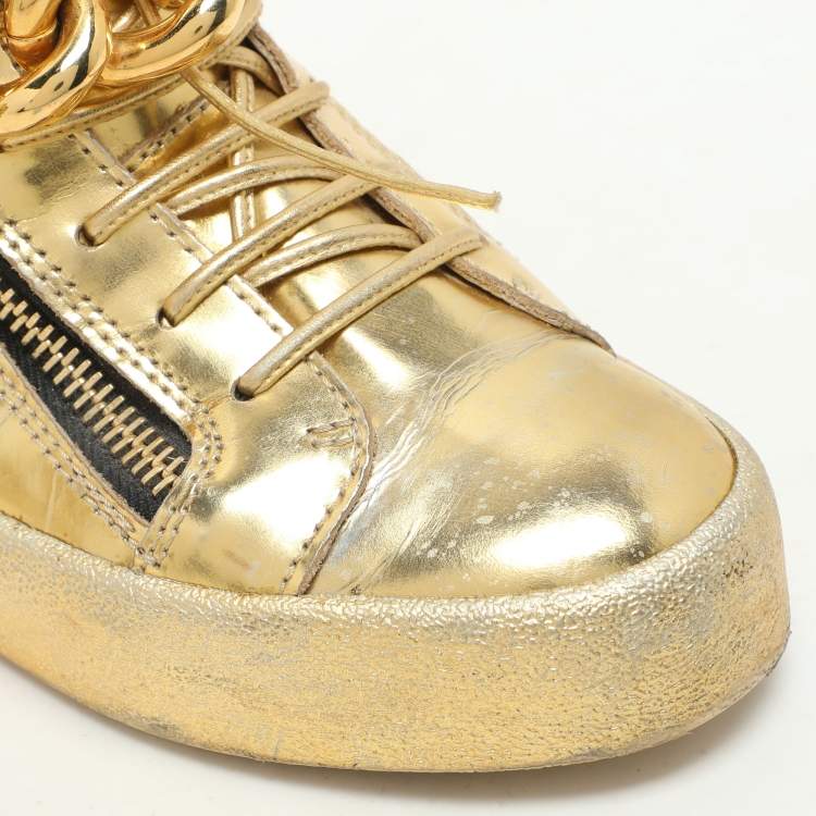 Pre Owned Giuseppe Zanotti Gold Leather Chain High Top Sneakers Size 37.5