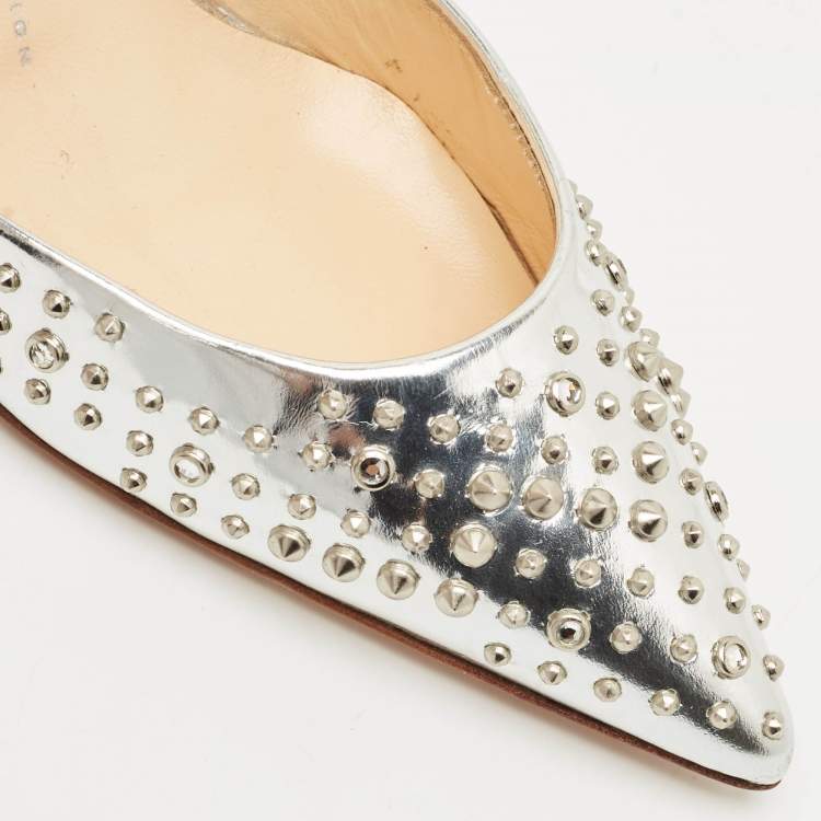 Pre Owned Giuseppe Zanotti Silver Foil Leather Studded Ankle Strap Pumps Size 38.5