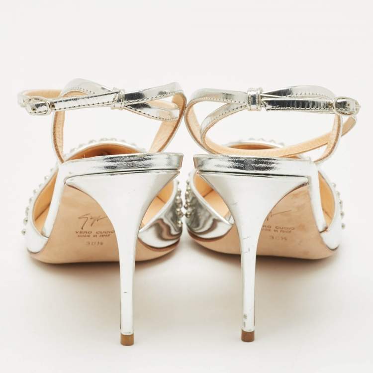 Pre Owned Giuseppe Zanotti Silver Foil Leather Studded Ankle Strap Pumps Size 38.5