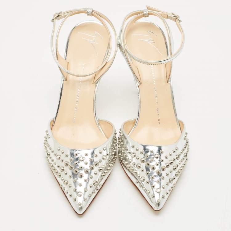 Pre Owned Giuseppe Zanotti Silver Foil Leather Studded Ankle Strap Pumps Size 38.5
