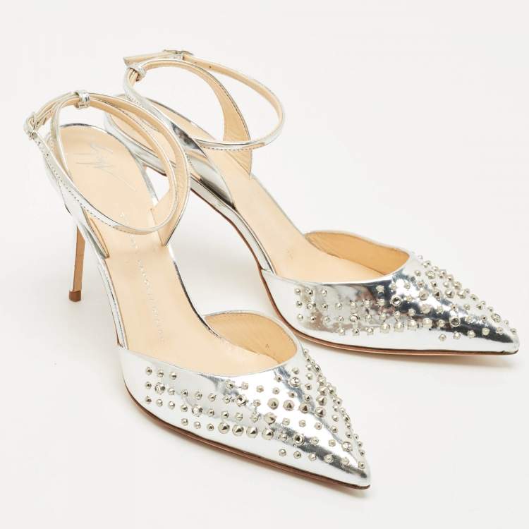 Pre Owned Giuseppe Zanotti Silver Foil Leather Studded Ankle Strap Pumps Size 38.5