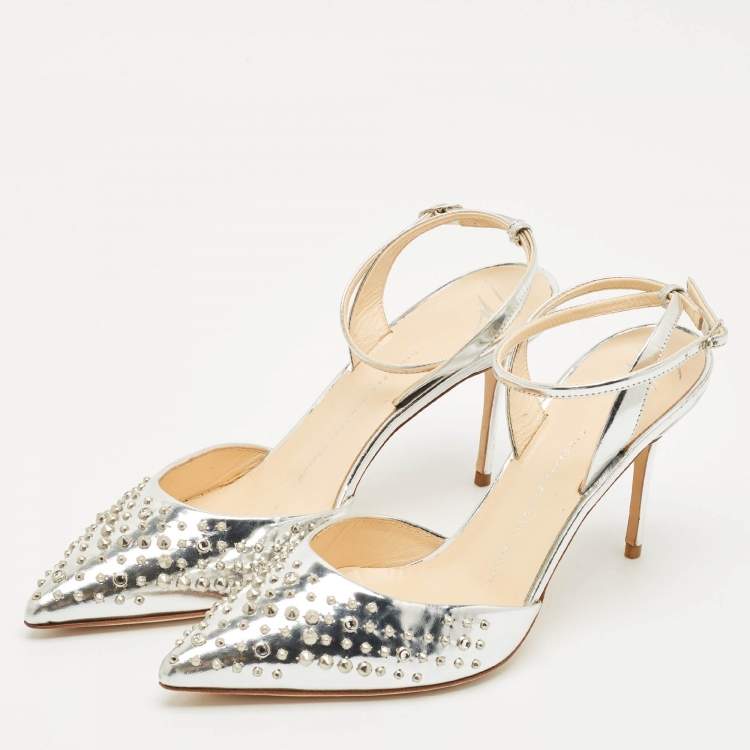 Pre Owned Giuseppe Zanotti Silver Foil Leather Studded Ankle Strap Pumps Size 38.5