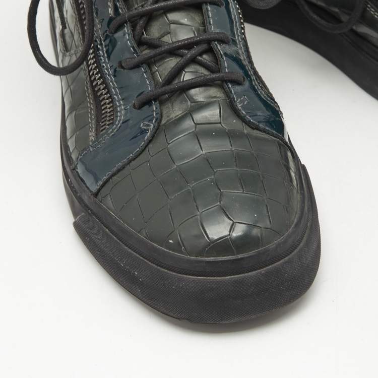 Pre Owned Giuseppe Zanotti Dark Green Croc Embossed Leather Kriss Sneakers Size 43