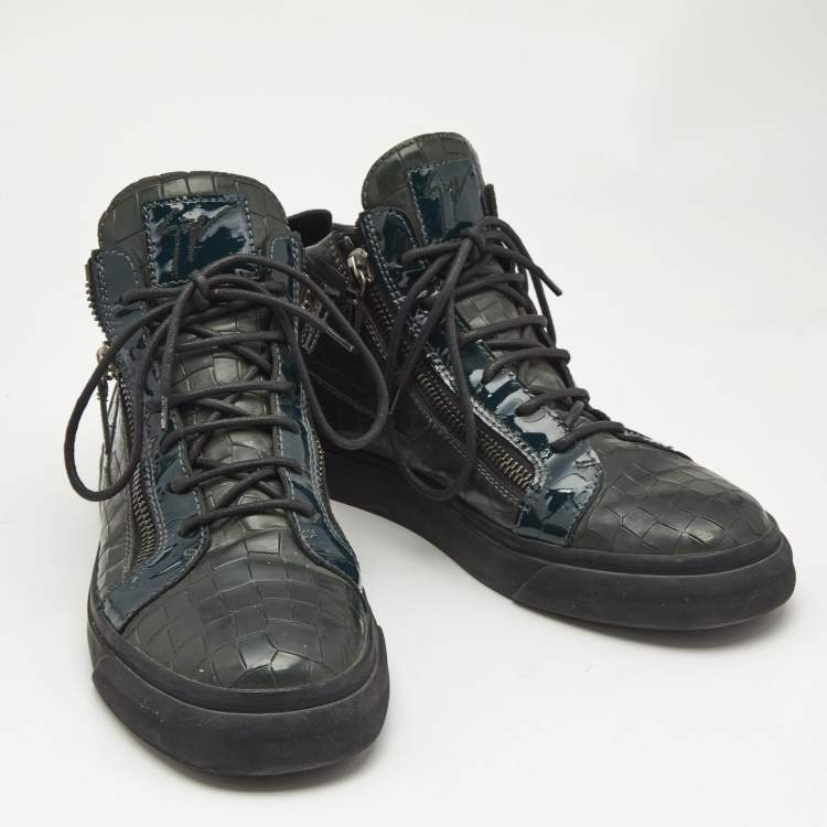 Pre Owned Giuseppe Zanotti Dark Green Croc Embossed Leather Kriss Sneakers Size 43