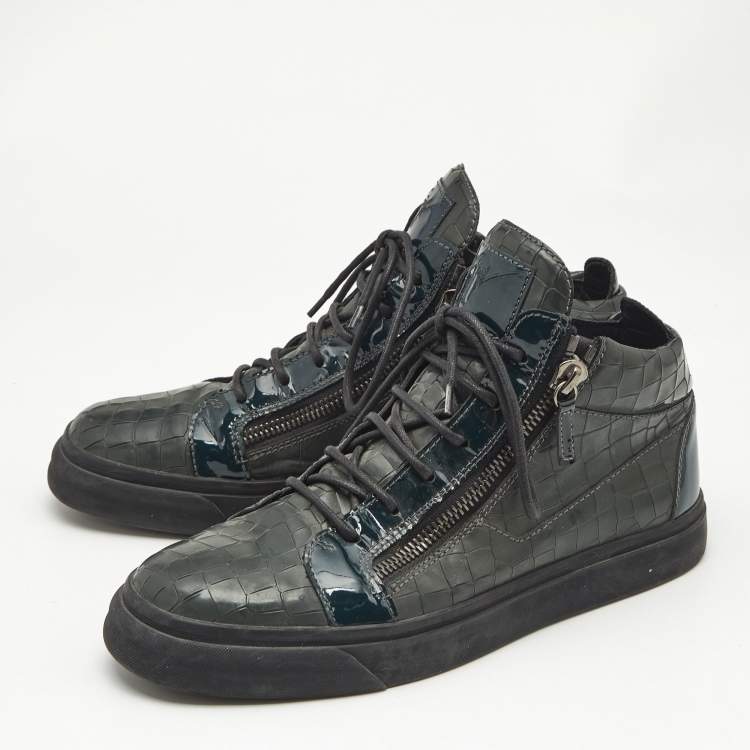 Pre Owned Giuseppe Zanotti Dark Green Croc Embossed Leather Kriss Sneakers Size 43