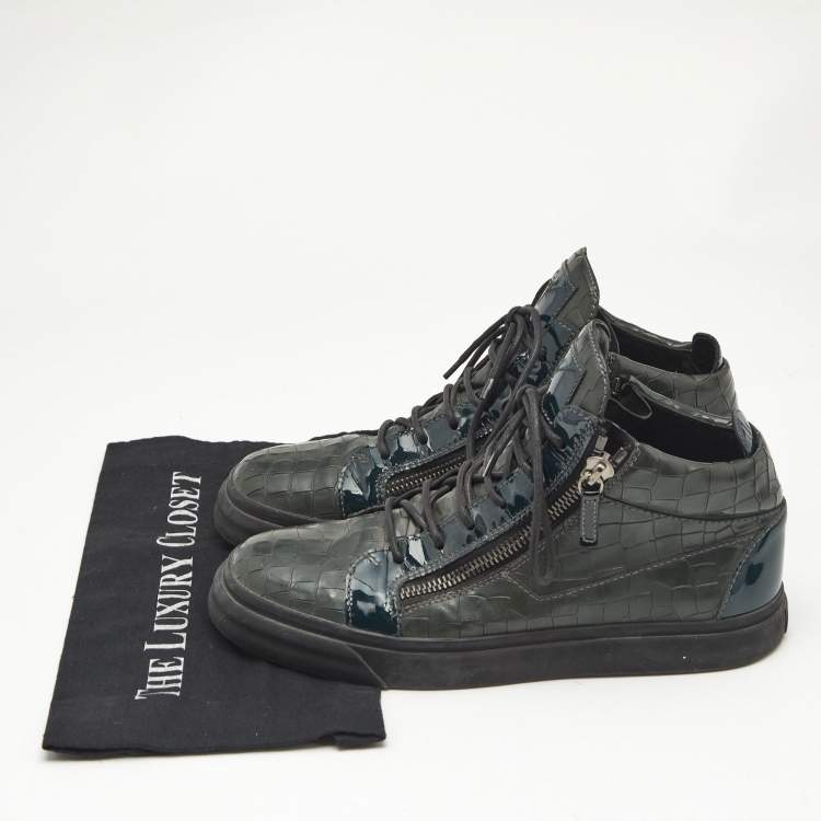Pre Owned Giuseppe Zanotti Dark Green Croc Embossed Leather Kriss Sneakers Size 43