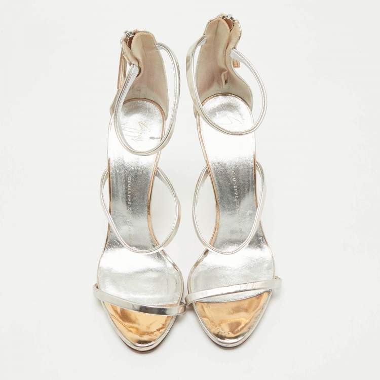 Pre Owned Giuseppe Zanotti Silver Leather Harmony Ankle Strap Sandals Size 36