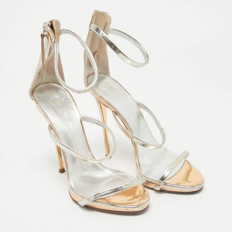 Pre Owned Giuseppe Zanotti Silver Leather Harmony Ankle Strap Sandals Size 36