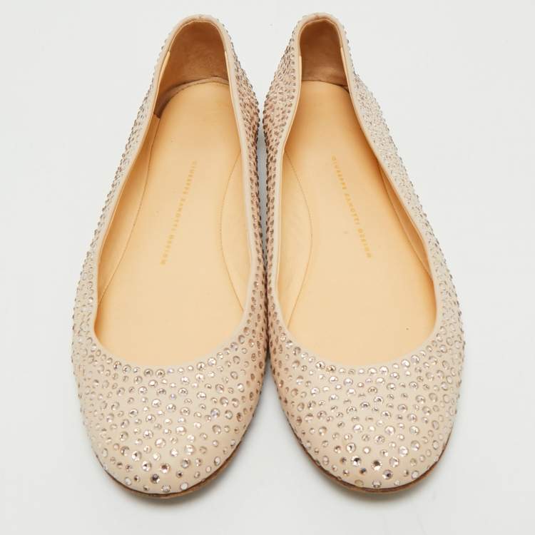 Pre Owned Giuseppe Zanotti Beige Leather Crystal Embellished Ballet Flats Size 40