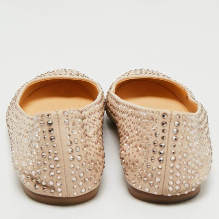 Pre Owned Giuseppe Zanotti Beige Leather Crystal Embellished Ballet Flats Size 40