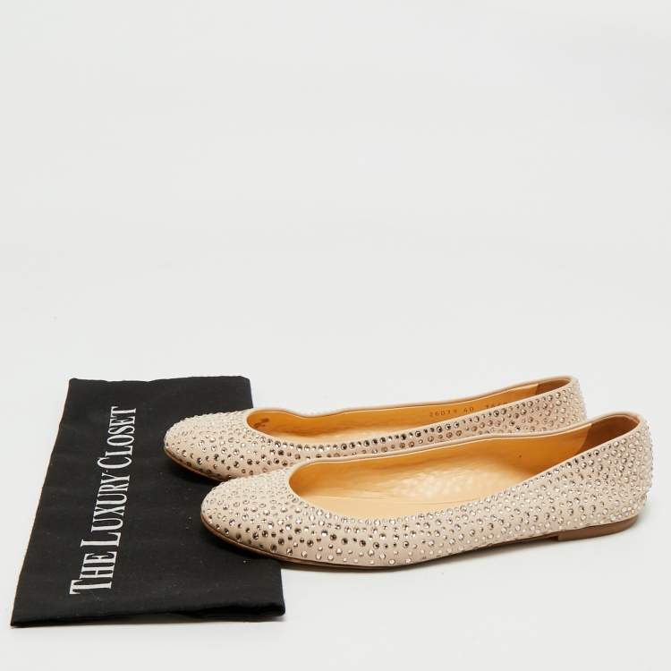 Pre Owned Giuseppe Zanotti Beige Leather Crystal Embellished Ballet Flats Size 40