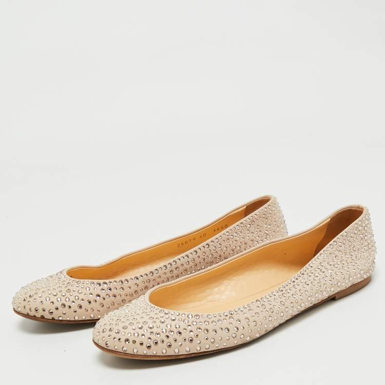 Pre Owned Giuseppe Zanotti Beige Leather Crystal Embellished Ballet Flats Size 40