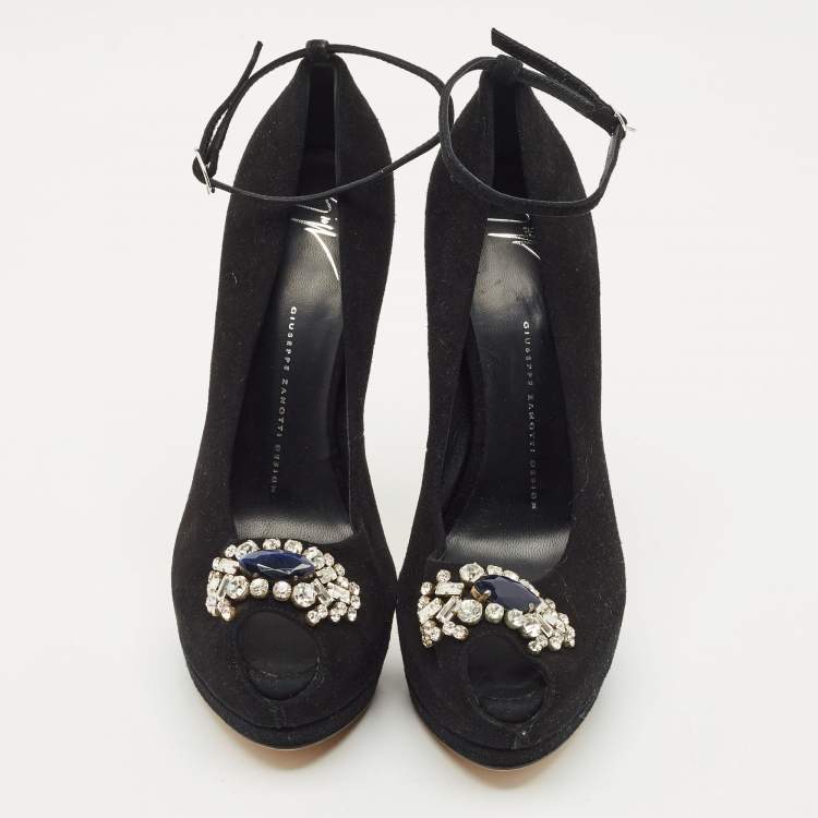 Pre Owned Giuseppe Zanotti Black Suede Crystal Embellished Ankle Strap Peep Toe Platform Pumps Size 39.5