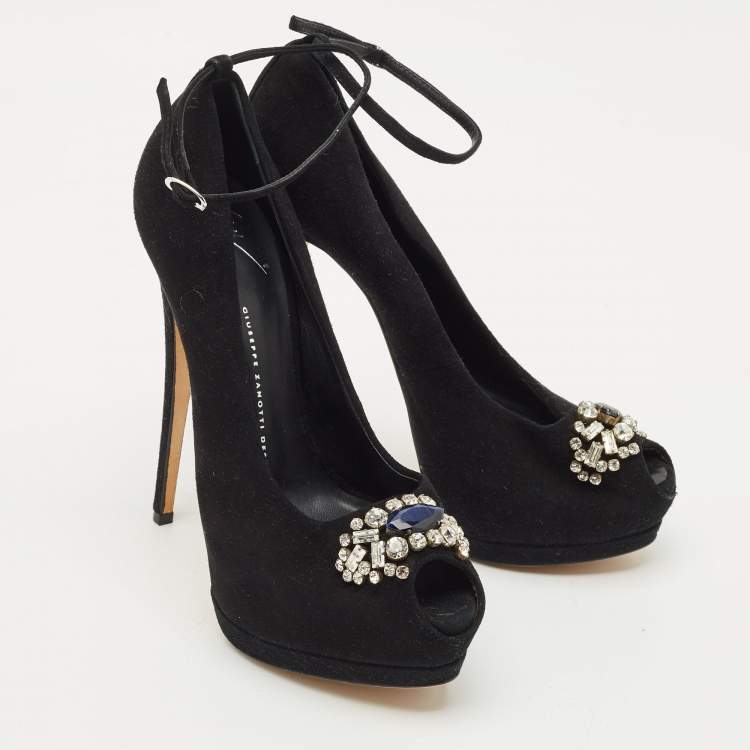 Pre Owned Giuseppe Zanotti Black Suede Crystal Embellished Ankle Strap Peep Toe Platform Pumps Size 39.5