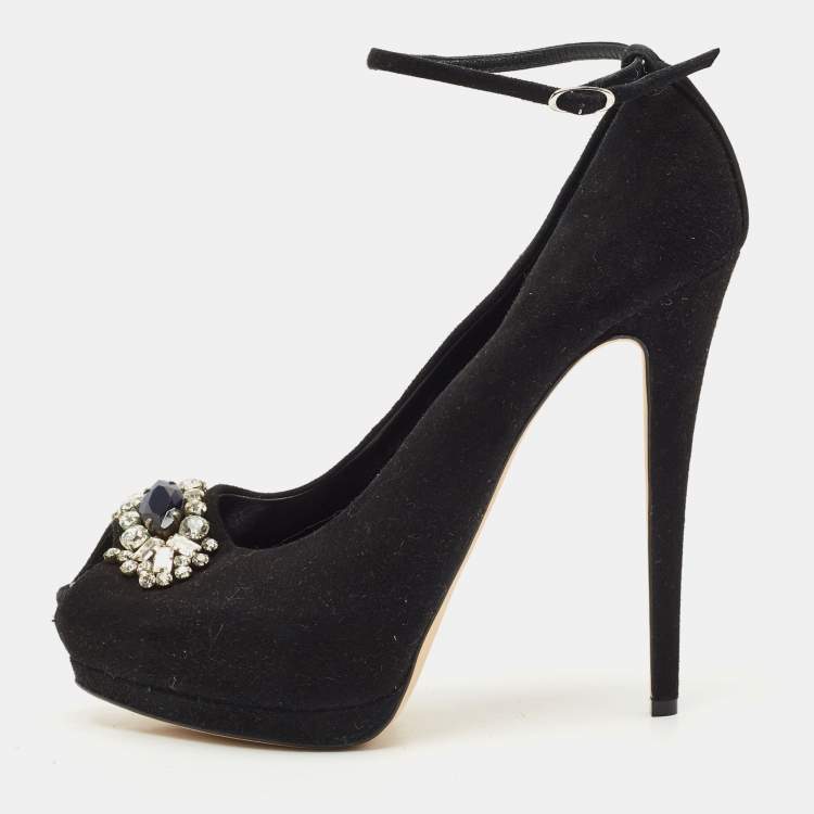 Pre Owned Giuseppe Zanotti Black Suede Crystal Embellished Ankle Strap Peep Toe Platform Pumps Size 39.5