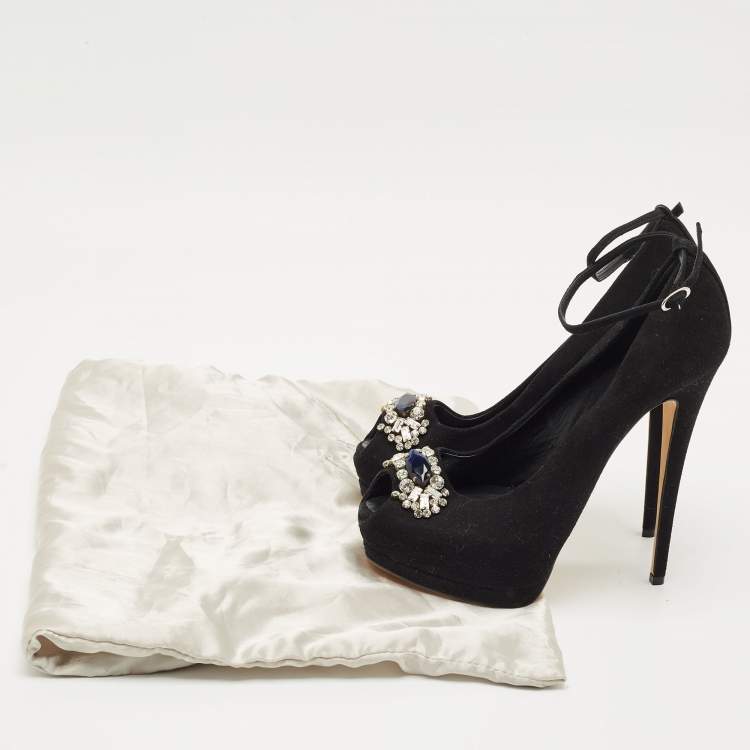 Pre Owned Giuseppe Zanotti Black Suede Crystal Embellished Ankle Strap Peep Toe Platform Pumps Size 39.5