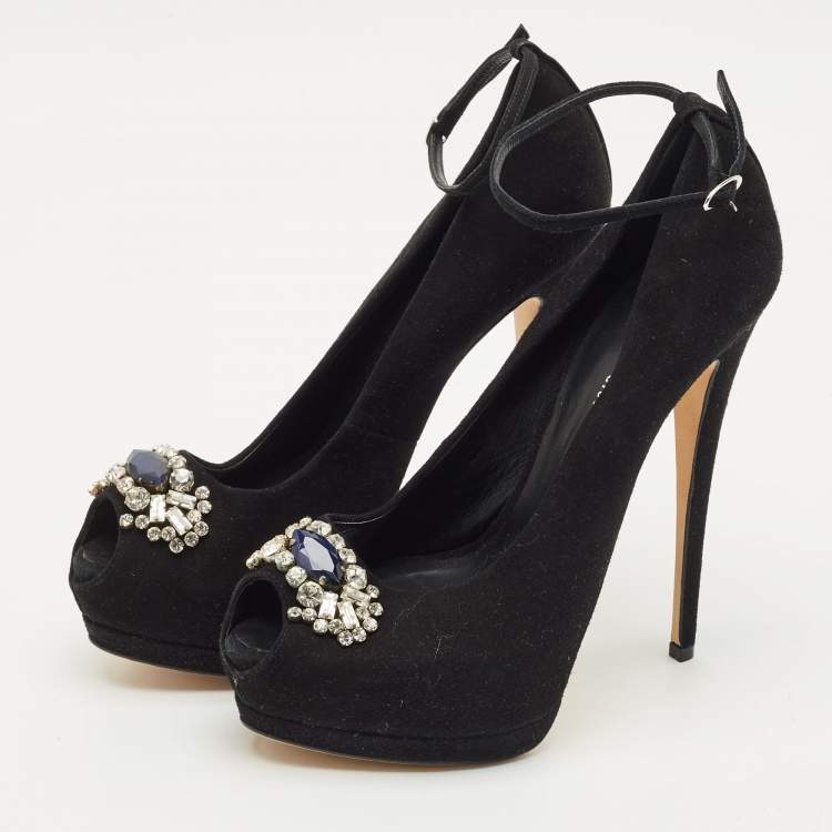 Pre Owned Giuseppe Zanotti Black Suede Crystal Embellished Ankle Strap Peep Toe Platform Pumps Size 39.5