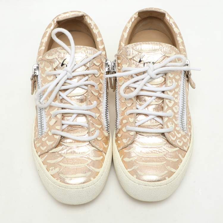 Pre Owned Giuseppe Zanotti Metallic Rose Gold Leather Double Zip Low Top Sneakers Size 37