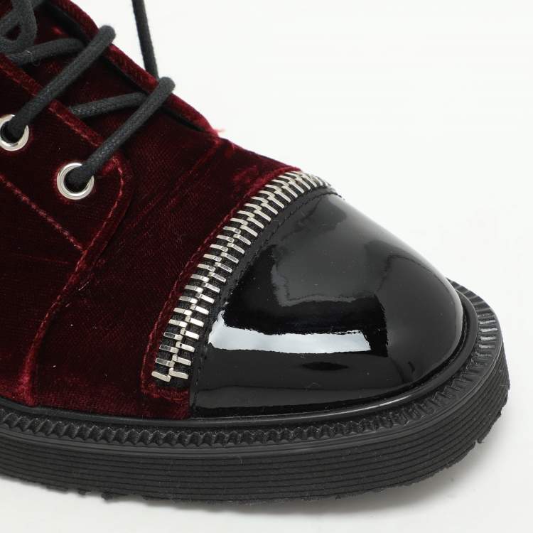 Pre Owned Giuseppe Zanotti Burgundy/Black Velvet and Patent Leather Ankle Boots Size 39.5   