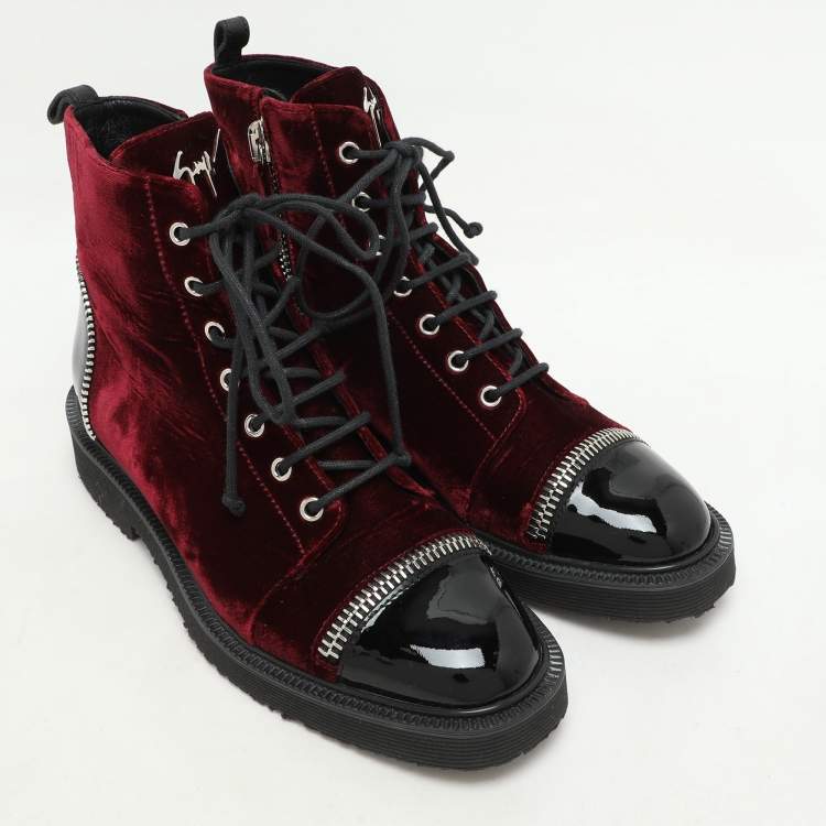 Pre Owned Giuseppe Zanotti Burgundy/Black Velvet and Patent Leather Ankle Boots Size 39.5   