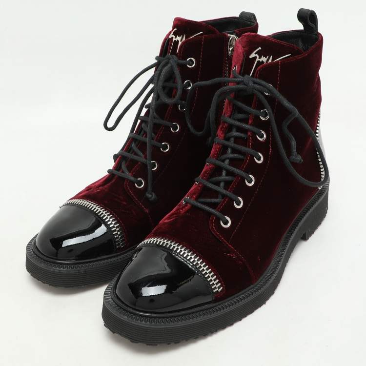 Pre Owned Giuseppe Zanotti Burgundy/Black Velvet and Patent Leather Ankle Boots Size 39.5   