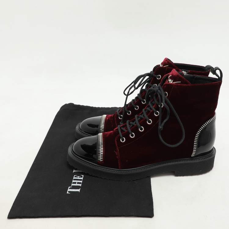 Pre Owned Giuseppe Zanotti Burgundy/Black Velvet and Patent Leather Ankle Boots Size 39.5   