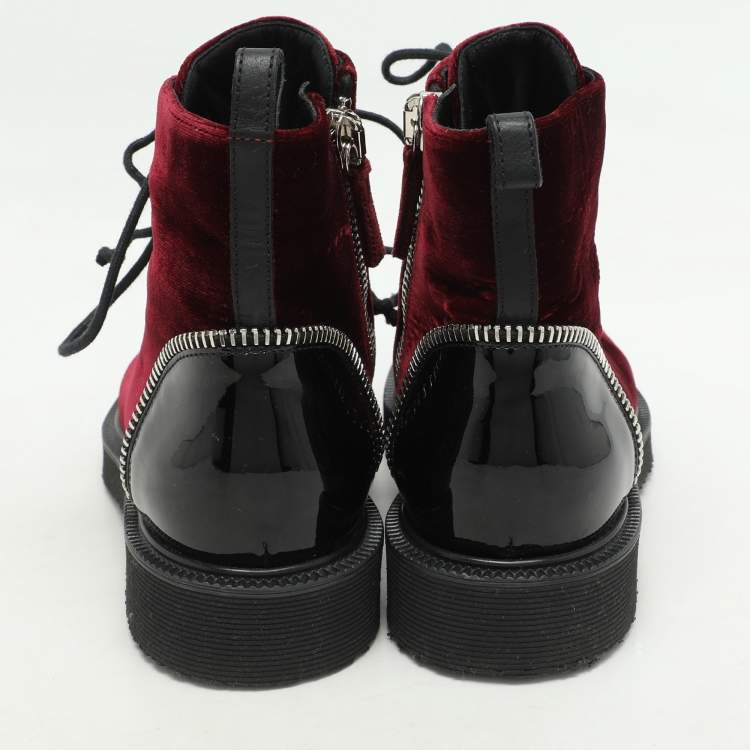 Pre Owned Giuseppe Zanotti Burgundy/Black Velvet and Patent Leather Ankle Boots Size 39.5   