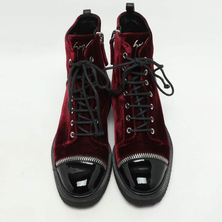 Pre Owned Giuseppe Zanotti Burgundy/Black Velvet and Patent Leather Ankle Boots Size 39.5   
