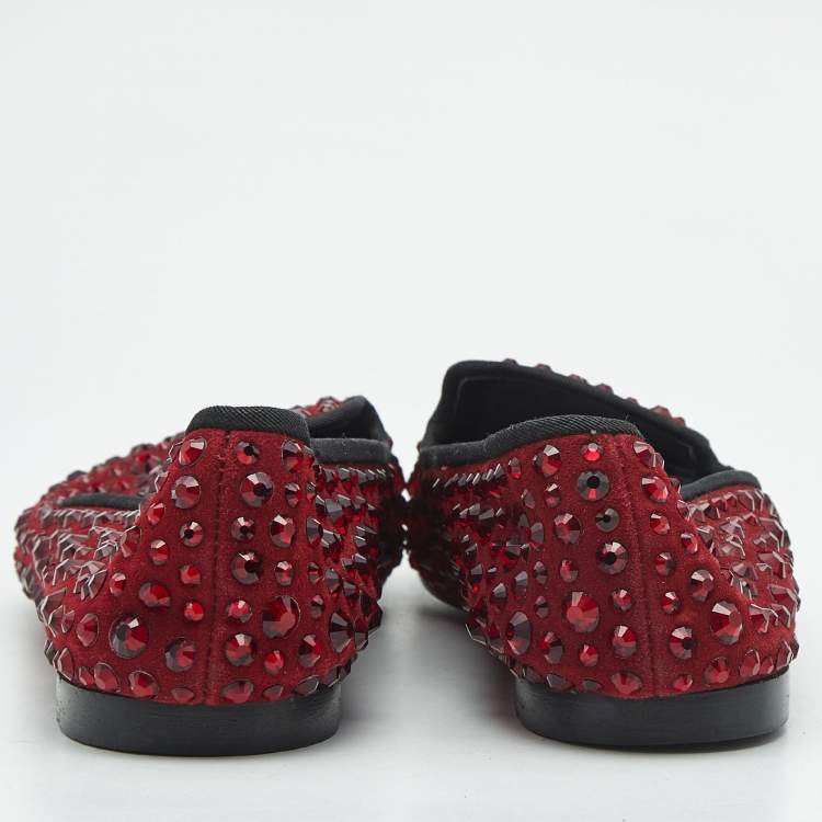 Pre Owned Giuseppe Zanotti Burgundy Suede Cap Toe Crystals Embellished Smoking Slippers Size 41