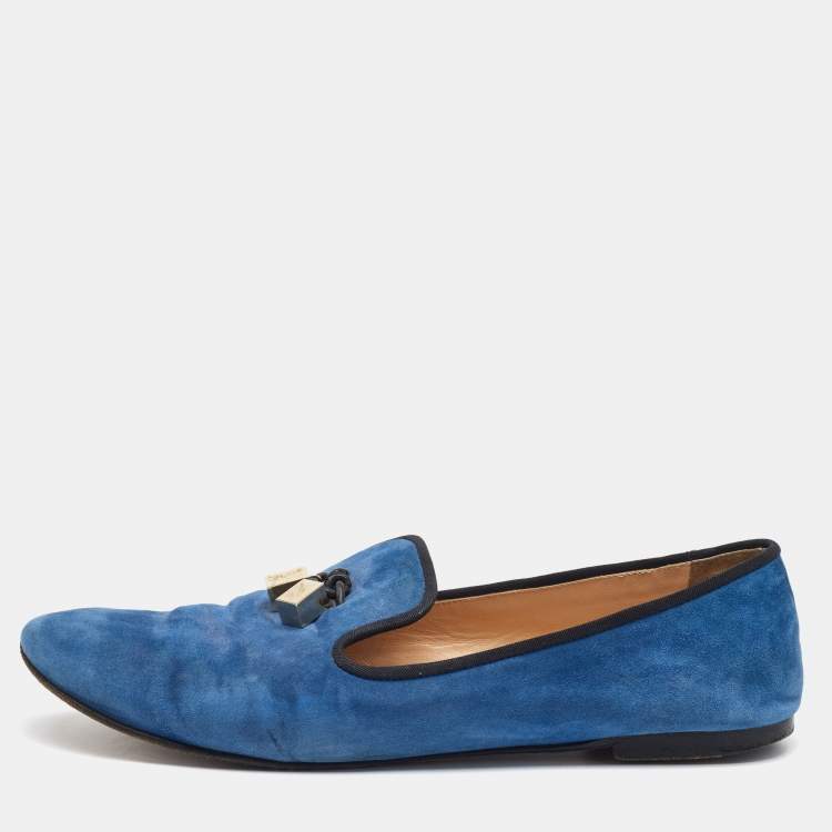 Pre Owned Giuseppe Zanotti Blue Suede Charm Smoking Slippers Size 41
