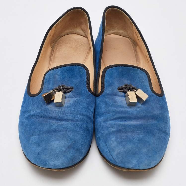 Pre Owned Giuseppe Zanotti Blue Suede Charm Smoking Slippers Size 41
