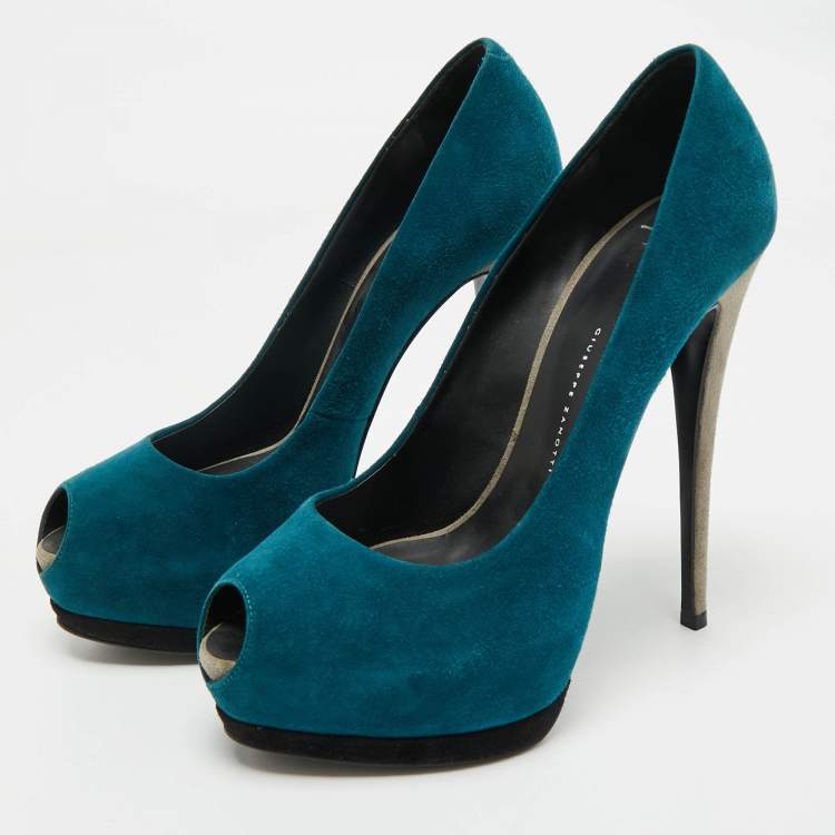 Pre Owned Giuseppe Zanotti Tricolor Suede Nana Peep Toe Platform Pumps Size 39.5